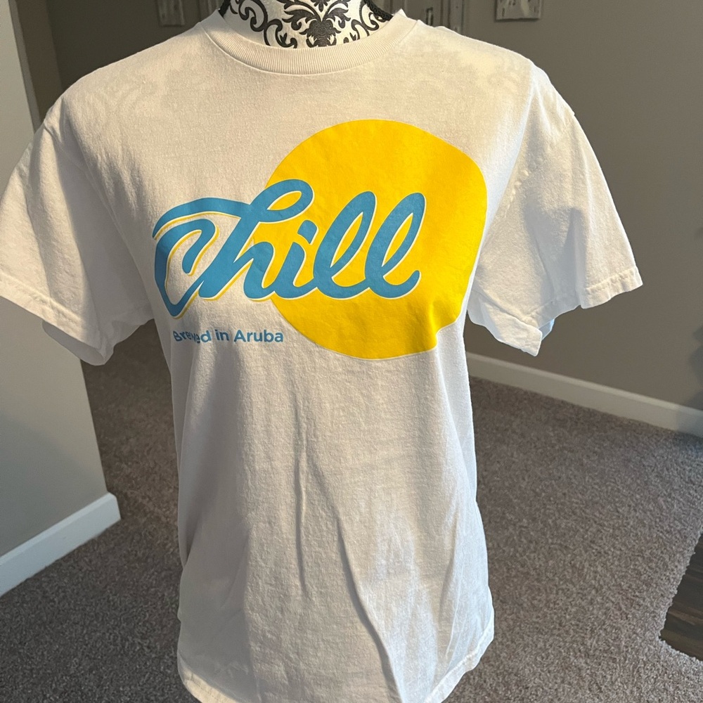 Gildan White Tee with Blue and Yellow Chill Print